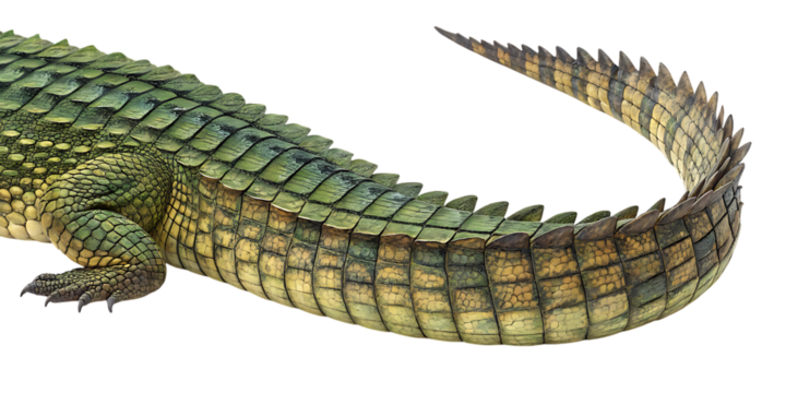 Detailed photorealistic crocodile tail texture and scale pattern, isolated on transparent background, AI Generative