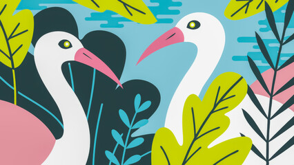 Obraz premium Two elegant cranes surrounded by vibrant foliage in a colorful tropical setting at midday