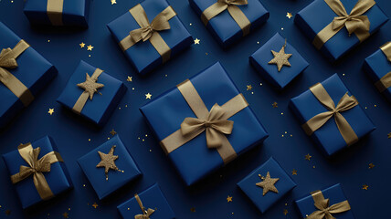 An elegant composition of gift boxes wrapped in deep blue paper with shiny gold ribbons arranged on a rich blue background. The scene includes gold star decorations and scattered gold confetti, enhan