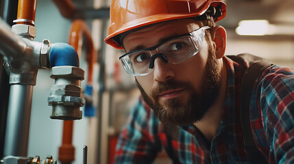 Industrial Worker Inspecting Pipes and Valves