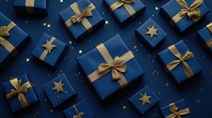 An elegant composition of gift boxes wrapped in deep blue paper with shiny gold ribbons arranged on a rich blue background. The scene includes gold star decorations and scattered gold confetti, enhan