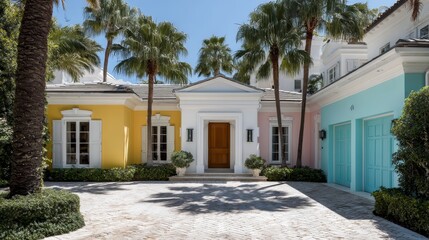 Fototapeta premium Large pastel-colored house features a circular driveway surrounded by palm trees, creating a serene tropical setting. Ideal for relaxation and leisurely living