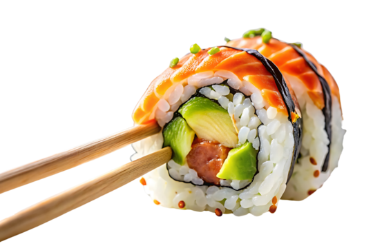 Sushi roll chopsticks salmon avocado rice, Isolated on a Transparent Background