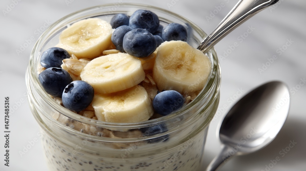 Poster close-up view of a layered smoothie featuring chia seeds, banana slices, and fresh blueberries in a 