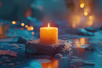 A glowing candle sits on a stone in a serene and mystical water landscape with bokeh lights behind