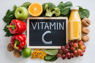 Vitamin C chalkboard with fruits and vegetables on white wood