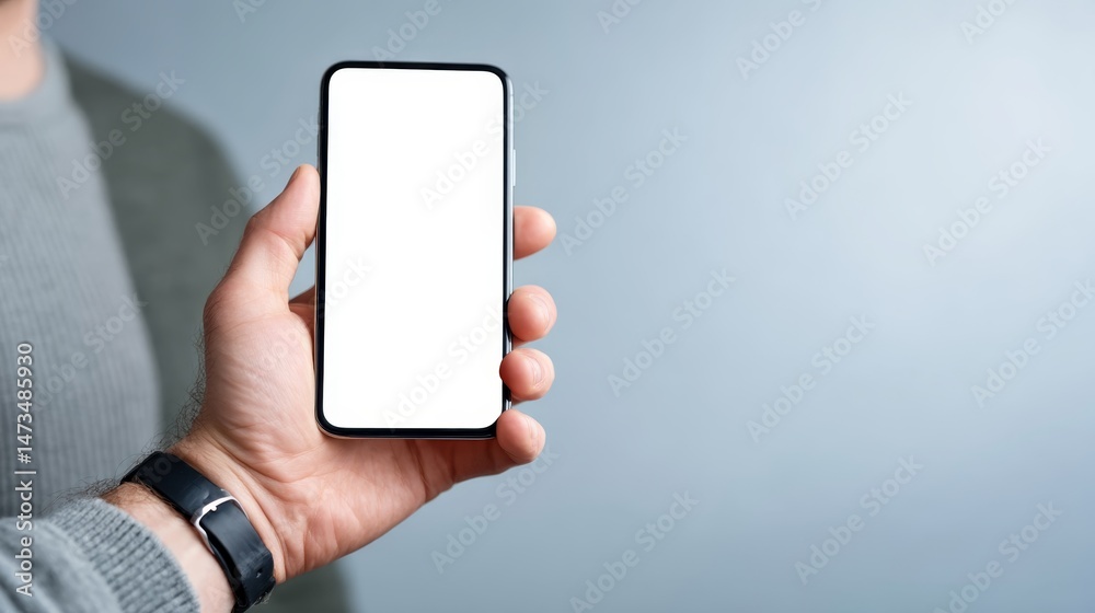 Poster Neutral hand displays a smartphone in front view on a plain background, creating ample space on the right for text or graphic overlays, suitable for various uses