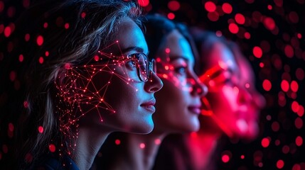 Three women, profiles, glowing with futuristic technology