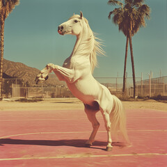 A realistic medium-format portrait of a powerful white albino Akhal-Teke horse standing on its hind legs in a dynamic pose, set on a pink basketball court in the middle of a desert in Los Angeles, Cal