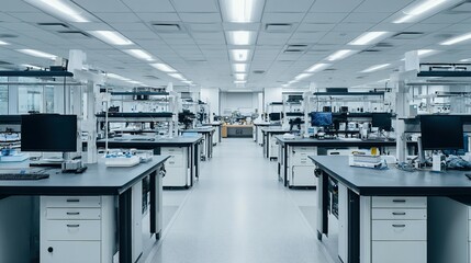 Modern laboratory interior with equipment and shelving.