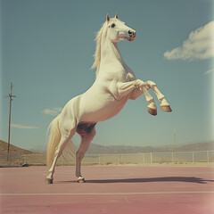 A realistic medium-format portrait of a powerful white albino Akhal-Teke horse standing on its hind legs in a dynamic pose, set on a pink basketball court in the middle of a desert in Los Angeles, Cal