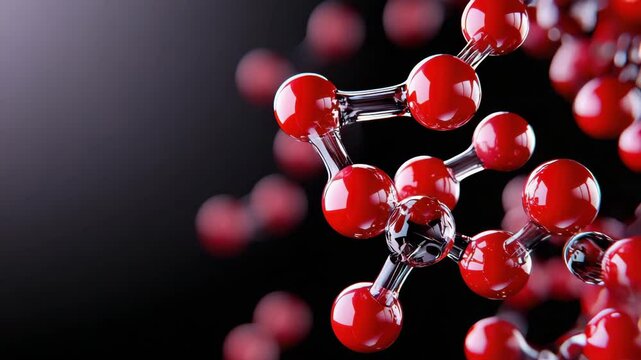 Close-up of a molecular structure with red spheres, representing atoms and chemical bonds in a modern scientific setting.