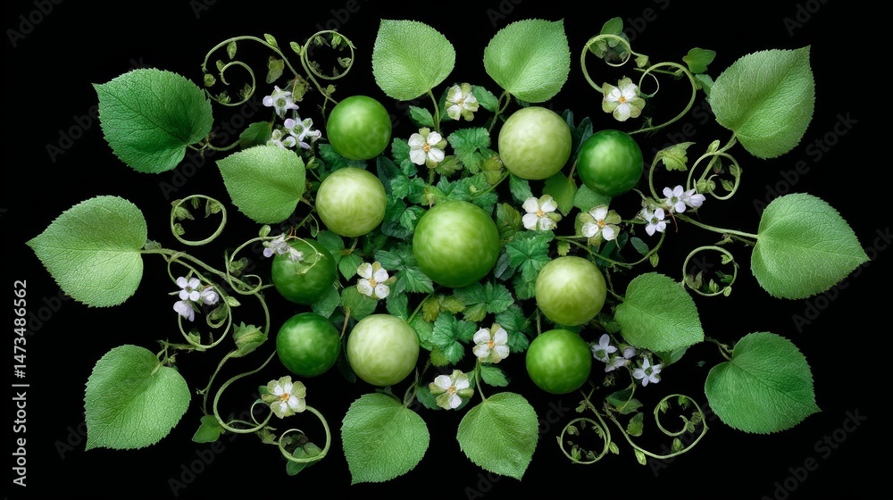 Fototapete symmetrical display of botanical elements with vibrant green spheres and delicate leaves intertwinin