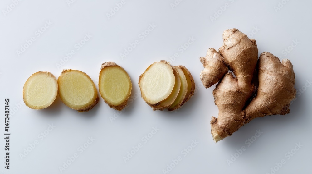 Poster sliced ginger root is artistically arranged on a white surface, highlighting its vibrant color and t