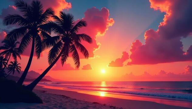 Tranquil sunset silhouette of palm trees on tropical beach, sky, sunset