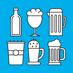 Flat black silhouette vector of drinkware including beer mugs and wine glass