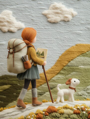 a woolen young girl carrying a large backpack, carrying a book and a hiking stick, and walking on the road with a cute dog, against a backdrop of a hand-knit landscape that includes grass, trees and s