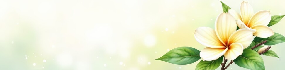 Naklejka premium Vanilla flower watercolor illustration with delicate petals and green leaves for packaging design, natural, illustration