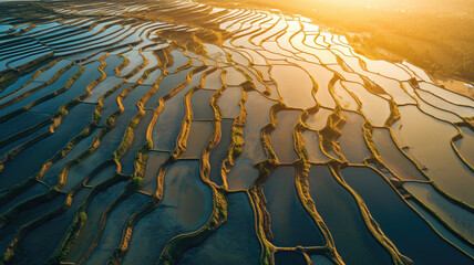 Aerial view of agricultural rice fields for cultivation in Yogyakarta area, Indonesia.

