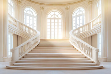 Elegant, sweeping double staircase in a grand, sunlit hall with arched windows and ornate balustrades