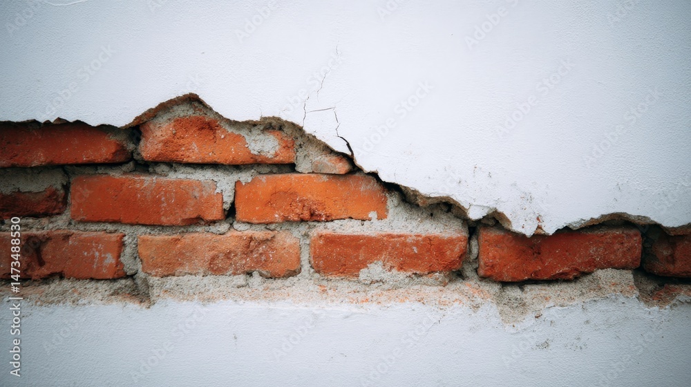 Poster close-up of a weathered brick wall showcasing visible cracks and chipped surfaces, ideal for use as 
