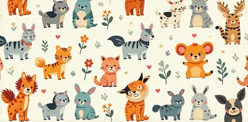 Vector repeat pattern with adorable animals in a whimsical style, vector, animals, pattern