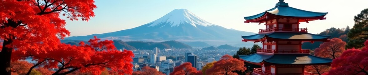 Vibrant autumn colors around Chureito Pagoda with Mount Fuji in the background, famous, iconic, Japan