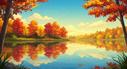 Naklejka premium Autumn Lake Landscape Painting