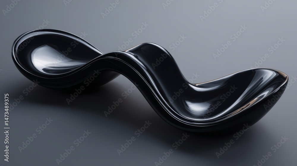 Poster a polished obsidian sculpture with abstract wave shapes is showcased on a sleek black background, wh