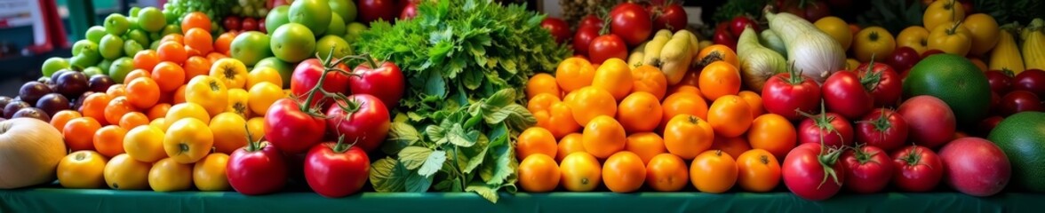 Vibrant display of assorted fruits and vegetables in a market stall, assortment, healthy