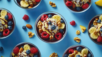 an advertisement for a fruit bowl company , product shot, eye level downward angle shot , 4 Blueberry parfait fruit bowl with nuts, blueberry , chocolate drizzle and coconut flakes on top , in a clear