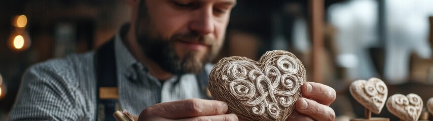 Strong man holding a piece of wood in a rustic setting with natural textures and colors