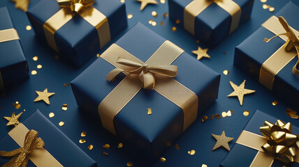 
An elegant composition of gift boxes wrapped in deep blue paper with shiny gold ribbons arranged on a rich blue background. The scene includes gold star decorations and scattered gold confetti, enhan