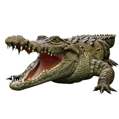 Obraz premium Ferocious crocodile with mouth wide open and sharp teeth exposed, isolated on white background, showing aggressive posture