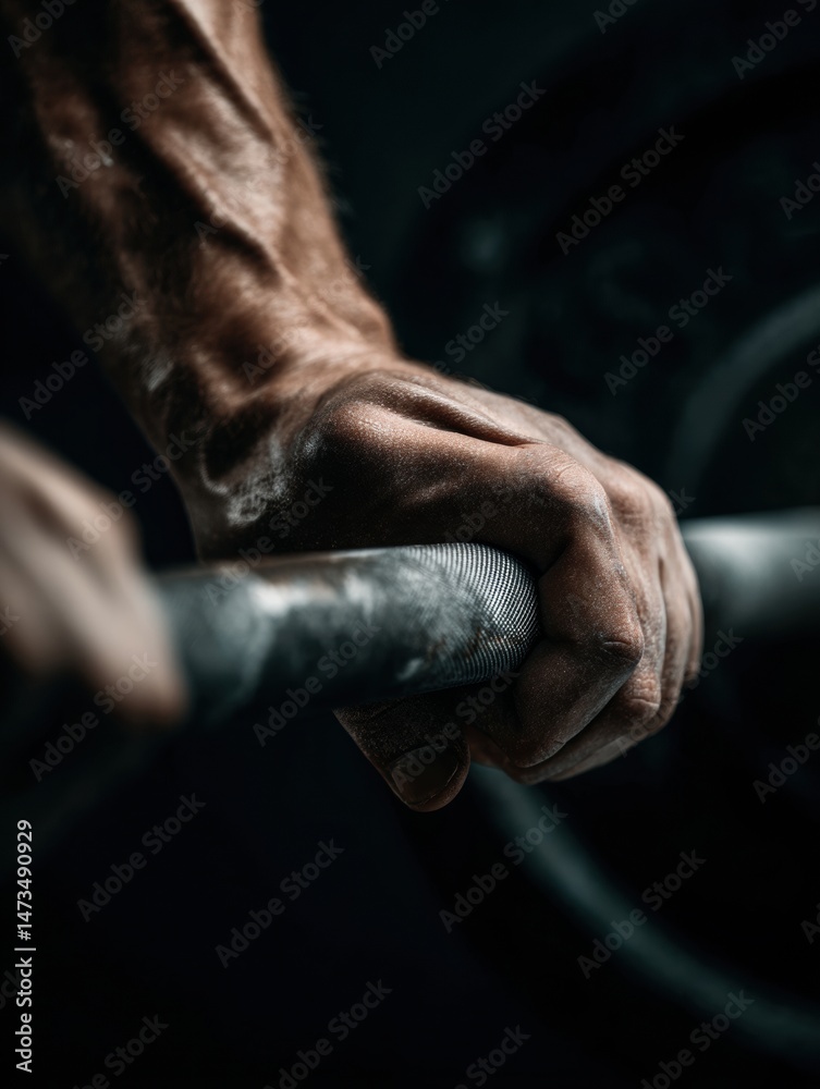 Poster strong hands gripping a barbell emphasize determination and strength in a dimly lit gym atmosphere