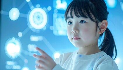 Japanese AI Kid Tutor Wearing Gentle Clothes with Touchless Interface