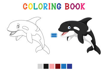 Cartoon killer whale on white background in coloring book style