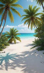 Fototapeta premium Lush tropical foliage, white sand beach, turquoise ocean, coconut trees, remote