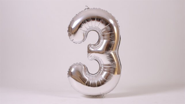 A shiny silver number three balloon floats gracefully against a bright white backdrop, creating a festive atmosphere perfect for celebrations and parties