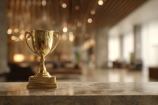 Golden trophy on a marble table in a blurred hotel lobby.