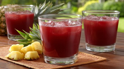 Three vibrant glasses of beet juice are surrounded by fresh pineapple chunks on a sunny wooden table, capturing a lively tropical atmosphere