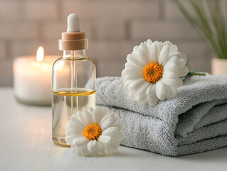 Chamomile oil, towels, candle spa setting