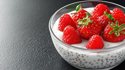 Homemade Food Concept, A bowl of yogurt topped with fresh strawberries and chia seeds on a textured black surface.