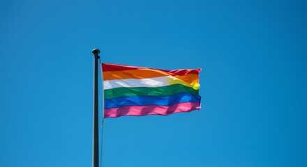 Inclusive Pride Flag With White Pink Brown and Black Stripes Waving Against a Clear Blue Sky Mounted on Dark Gray Pole Symbolizing Diversity and Unity