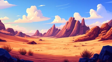 Naklejka premium Expansive desert landscape with dramatic rock formations under a vibrant sky