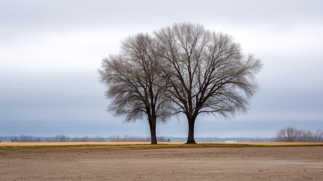 Two barren oak trees with intricate, twisting branches stand together under a soft gray sky, creating a tranquil atmosphere in the peaceful landscape
