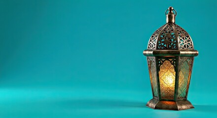 Naklejka premium Decorative Arabic Lantern on a Vibrant Turquoise Backdrop Ideal for Ramadan Mockups and Concepts