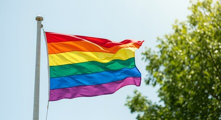 Pride Flag Waving Against Blue Sky With Green Foliage For LGBT Awareness