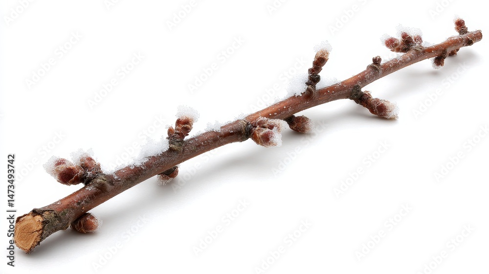 Fototapete a single bare oak branch adorned with a dusting of frost is captured in a high-angle view, emphasizi
