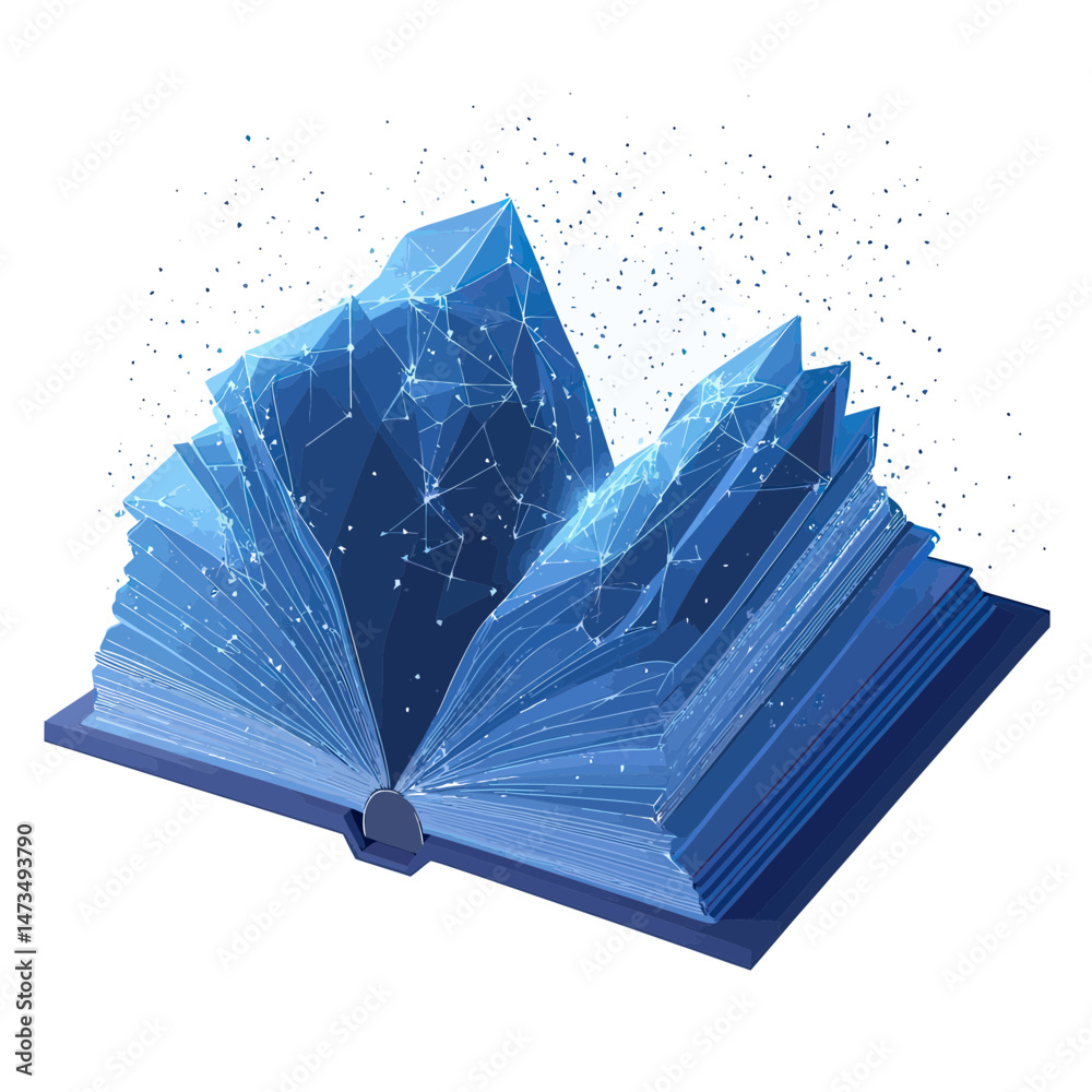 Poster open book with low poly blue mountain shapes emerging from pages digital learning and concept of kno